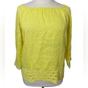 Yellow 100% linen boat neck 3/4 sleeve crochet trim top